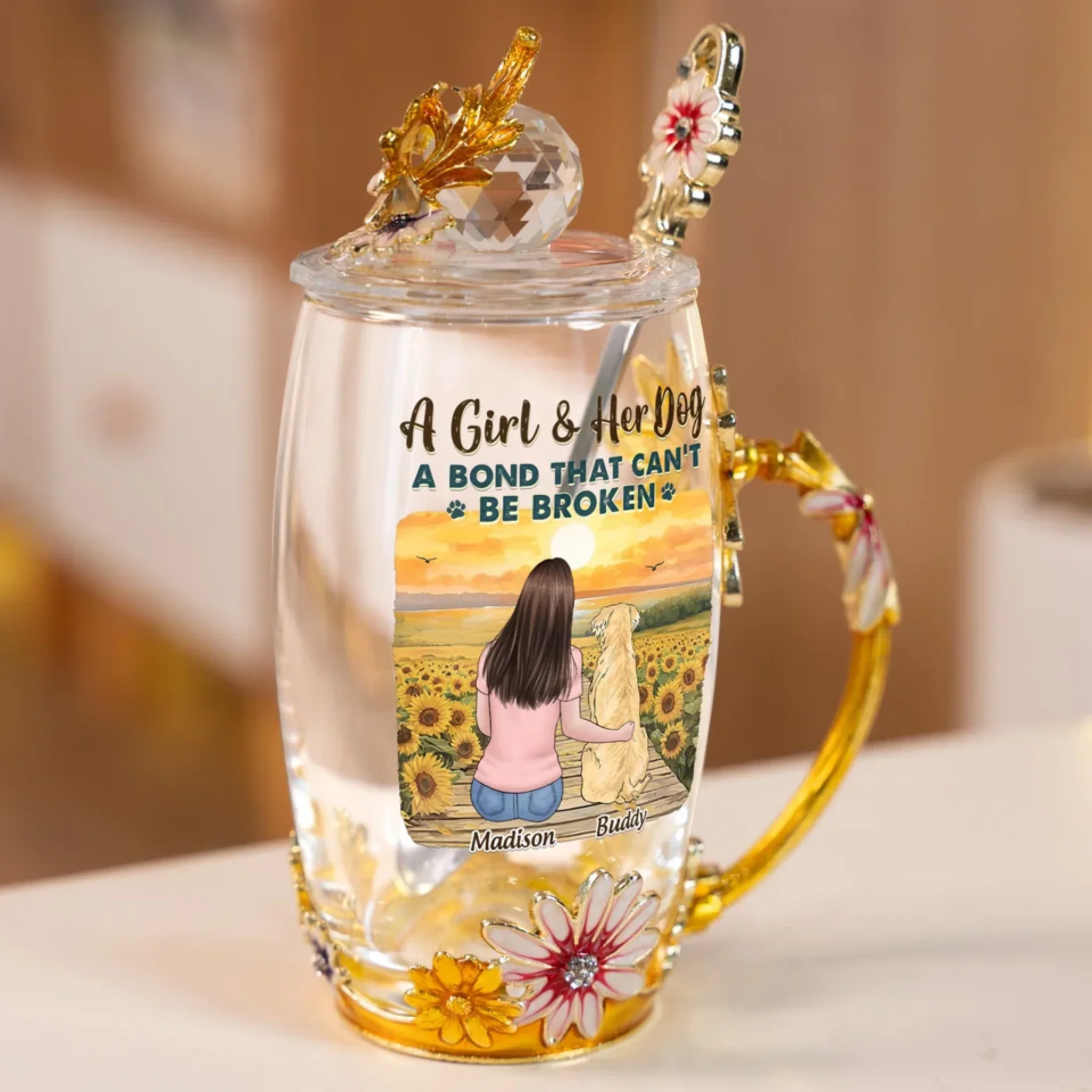 A Bond That Can't Be Broken - Dog Personalized Custom Enamel Flower Tea Cup With Lid & Spoon - Mother's Day, Gift For Pet Owners, Pet Lovers - Image 3