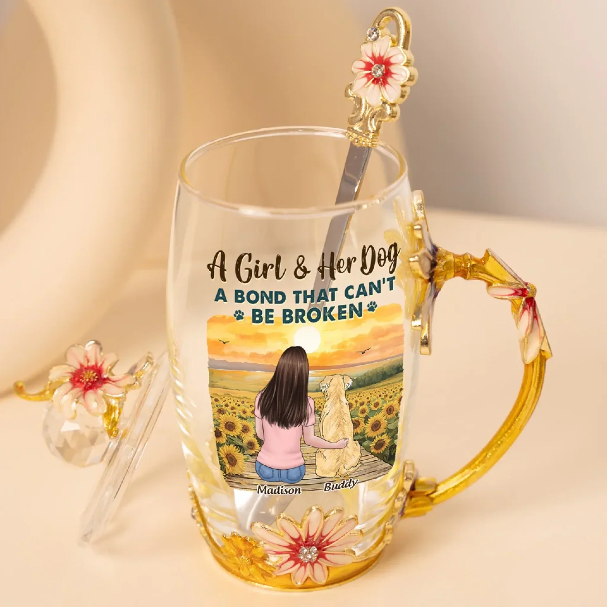 A Bond That Can't Be Broken - Dog Personalized Custom Enamel Flower Tea Cup With Lid & Spoon - Mother's Day, Gift For Pet Owners, Pet Lovers - Image 4