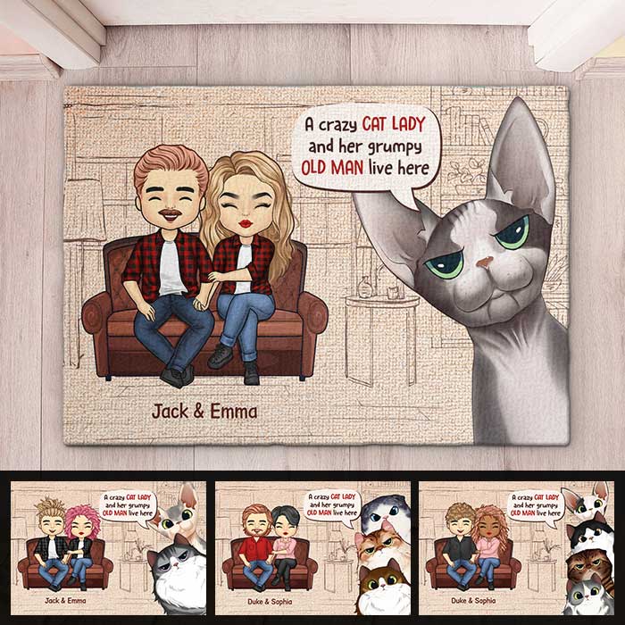 A Crazy Cat Lady And Her Grumpy Old Man Live Here - Gift For Cat Lovers, Personalized Decorative Mat - Image 2