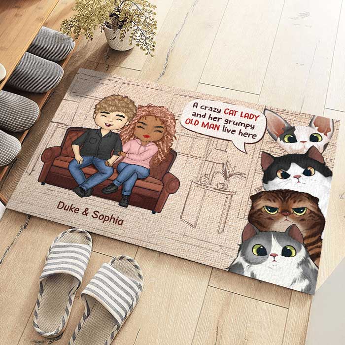 A Crazy Cat Lady And Her Grumpy Old Man Live Here - Gift For Cat Lovers, Personalized Decorative Mat - Image 3