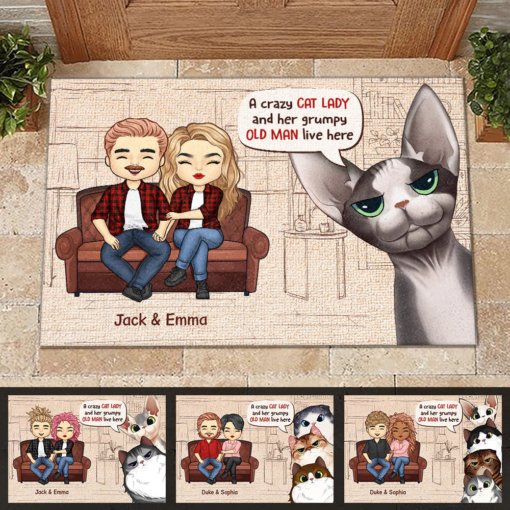 A Crazy Cat Lady And Her Grumpy Old Man Live Here - Gift For Cat Lovers, Personalized Decorative Mat - Image 4