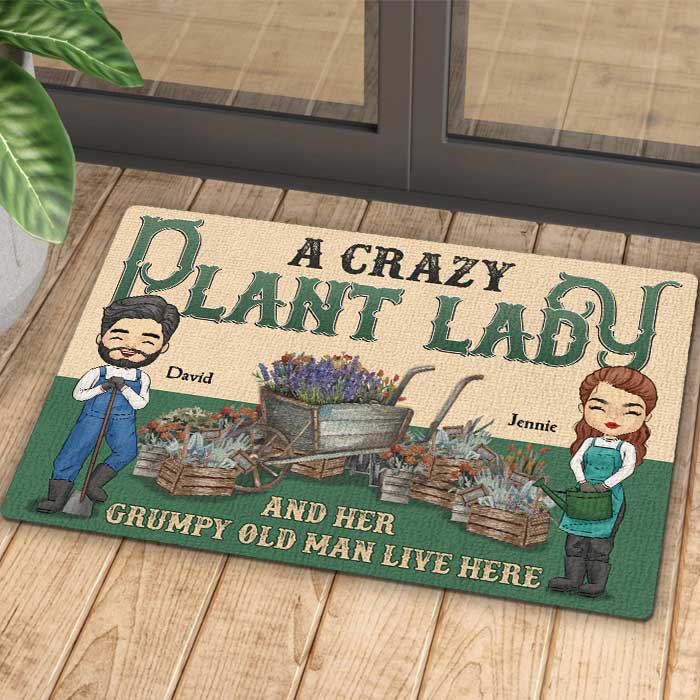 A Crazy Plant Lady And Her Grumpy Old Man Live Here - Gift For Couples, Husband Wife, Personalized Decorative Mat - Image 3