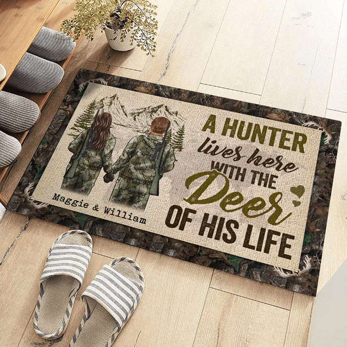 A Hunter Lives Here With The Deer Of His Life - Gift For Hunting Couples, Personalized Decorative Mat - Image 2