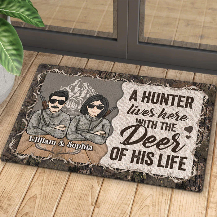 A Hunter Lives With The Deer Of His Life - Gift For Hunting Couples, Personalized Decorative Mat - Image 3