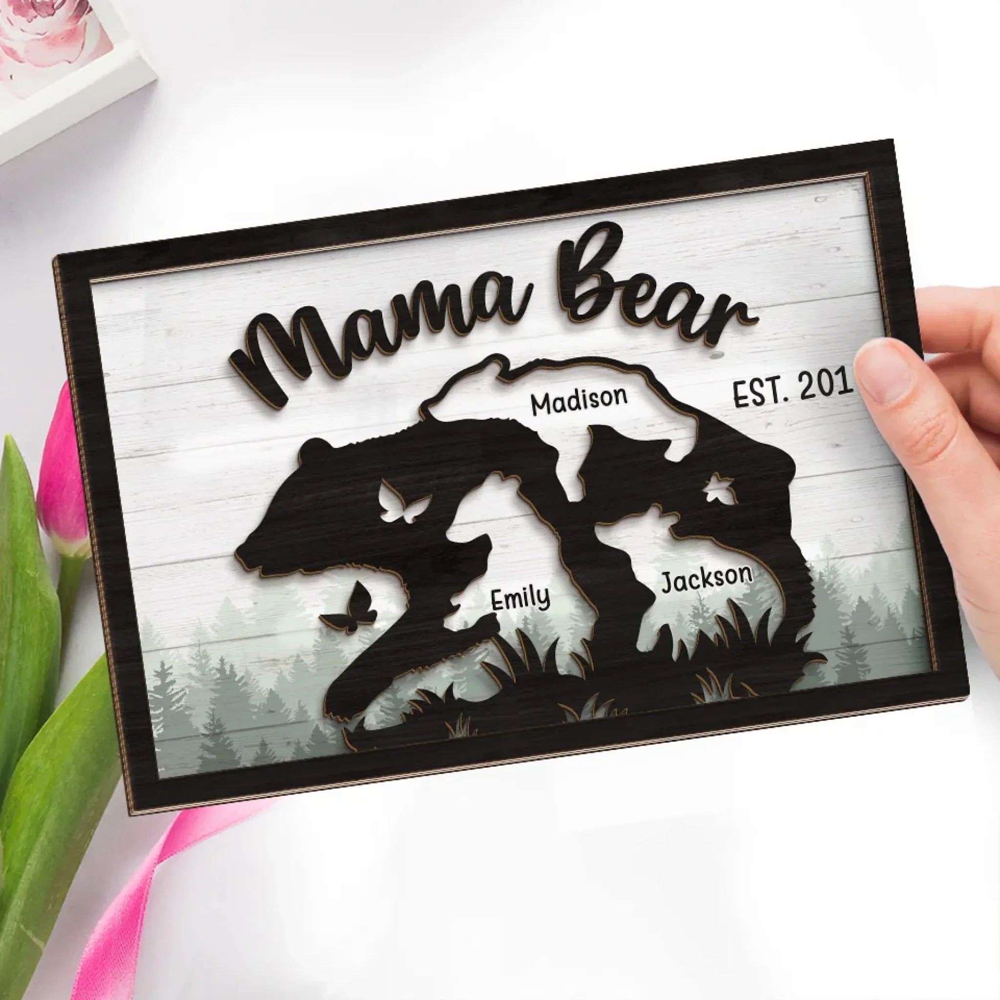 A Mama Bear Loves With Fire And Strength - Family Personalized Custom 2-Layered Wooden Plaque With Stand - Gift For Mom, Grandma - Image 3