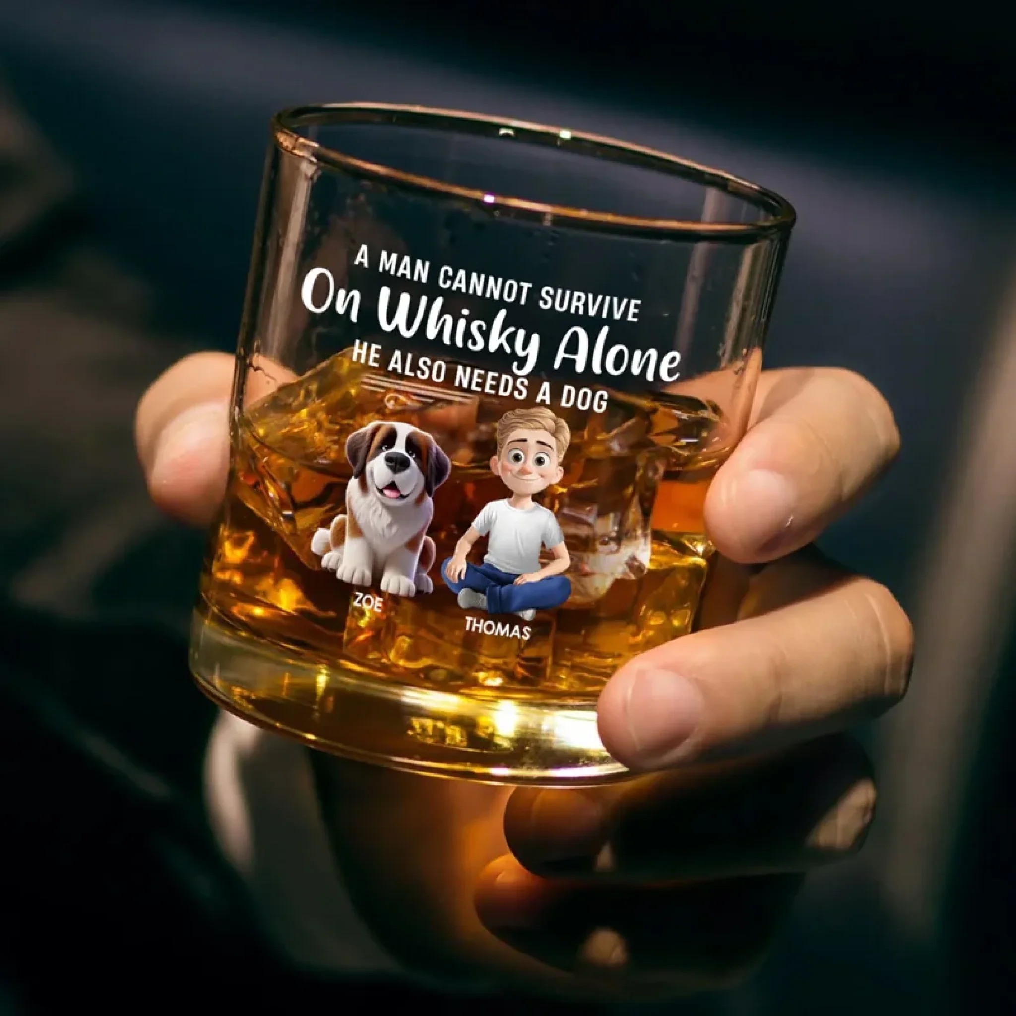 A Man Cannot Survive On Whiskey Alone - Dog Personalized Custom Whiskey Glass - Gift For Pet Owners, Pet Lovers - Image 3