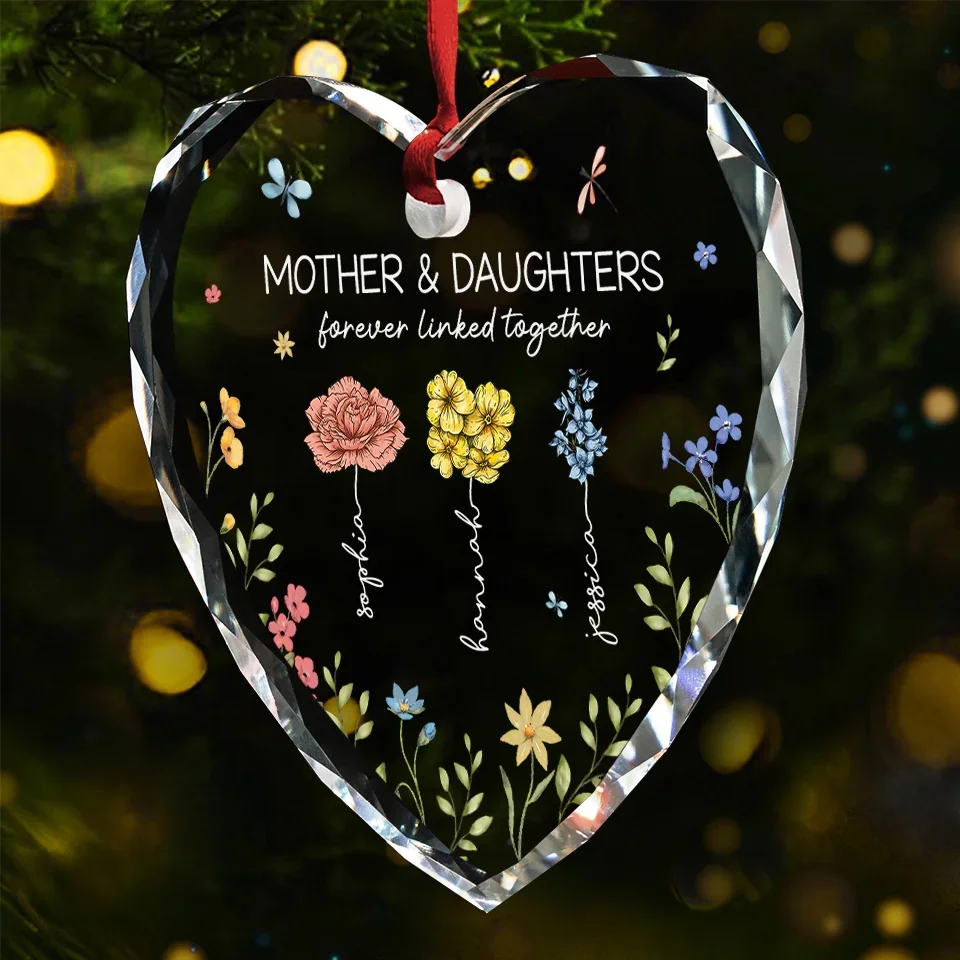 A Mom’s Heart Is A Bouquet Of Kindness - Family Personalized Custom Heart Glass Ornament - Christmas Gift For Mom, Daughter - Image 3