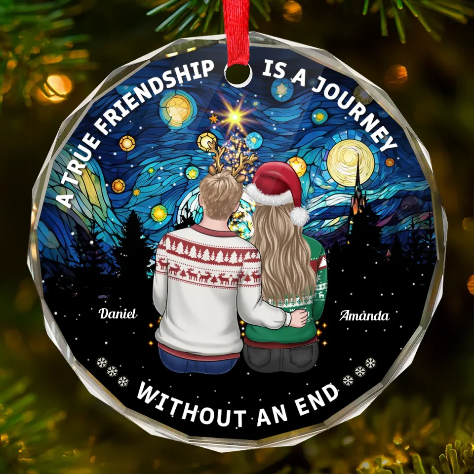 A True Friendship Is A Journey Without An End - Bestie Personalized Custom Circle Glass Ornament - Christmas Gift For Best Friends, BFF, Sisters - Image 2