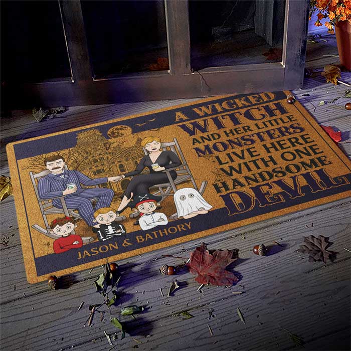 A Wicked Witch & A Handsome Devil Live Here With Their Lil Monsters - Personalized Decorative Mat - Gift For Couple, Husband Wife, Halloween Gift - Image 2
