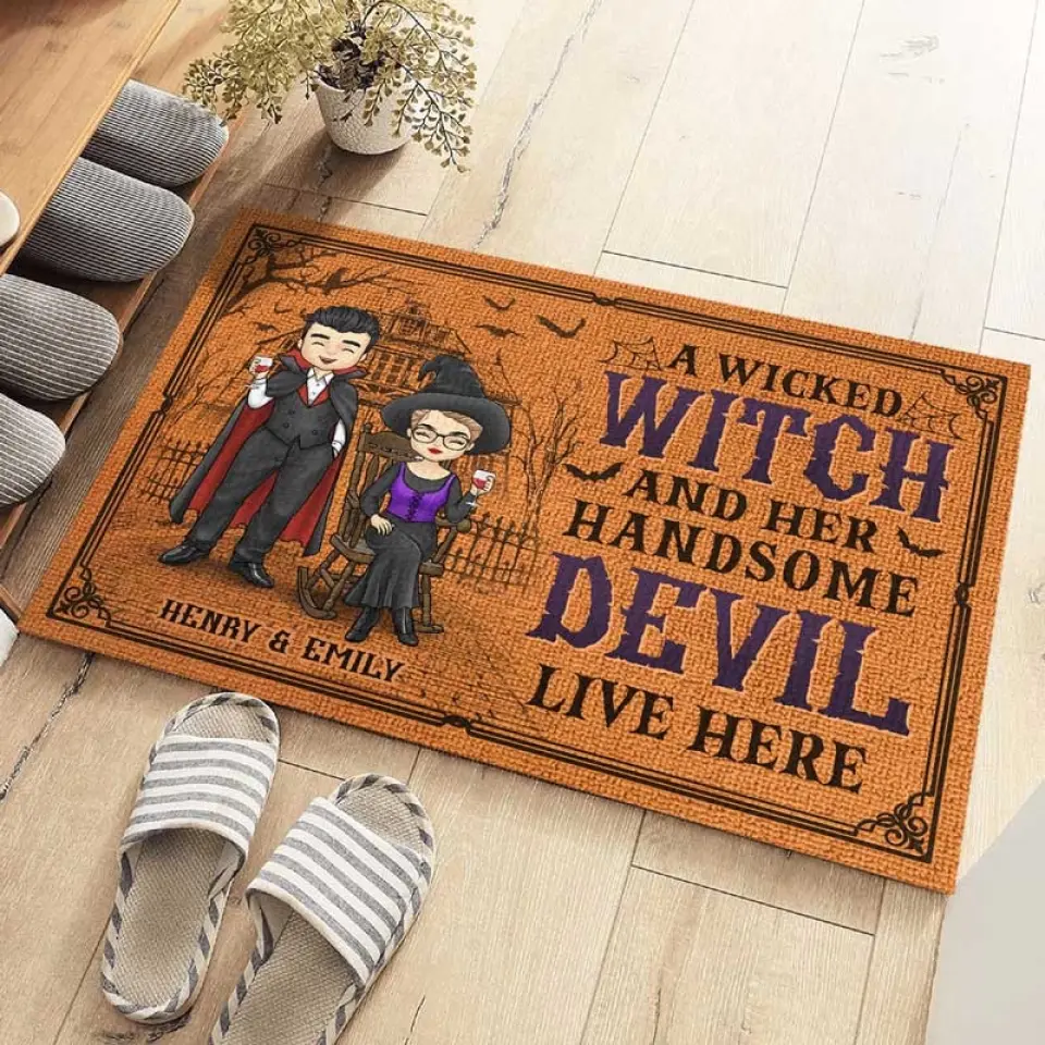 A Wicked Witch And Her Handsome Devil Live Here - Couple Personalized Custom Home Decor Decorative Mat - Halloween Gift For Husband Wife, Anniversary - Image 3