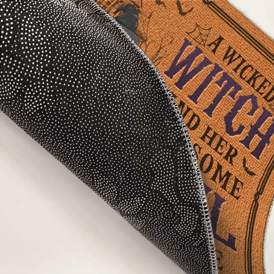 A Wicked Witch And Her Handsome Devil Live Here - Couple Personalized Custom Home Decor Decorative Mat - Halloween Gift For Husband Wife, Anniversary - Image 4