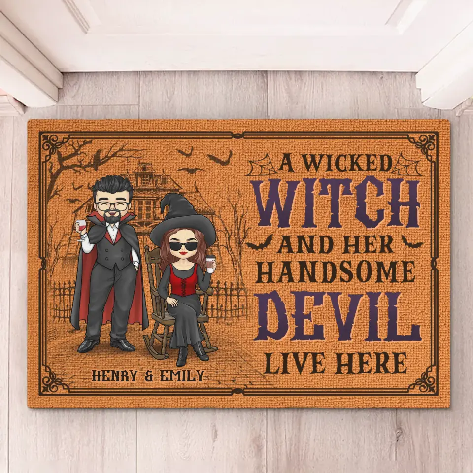 A Wicked Witch And Her Handsome Devil Live Here - Couple Personalized Custom Home Decor Decorative Mat - Halloween Gift For Husband Wife, Anniversary - Image 5