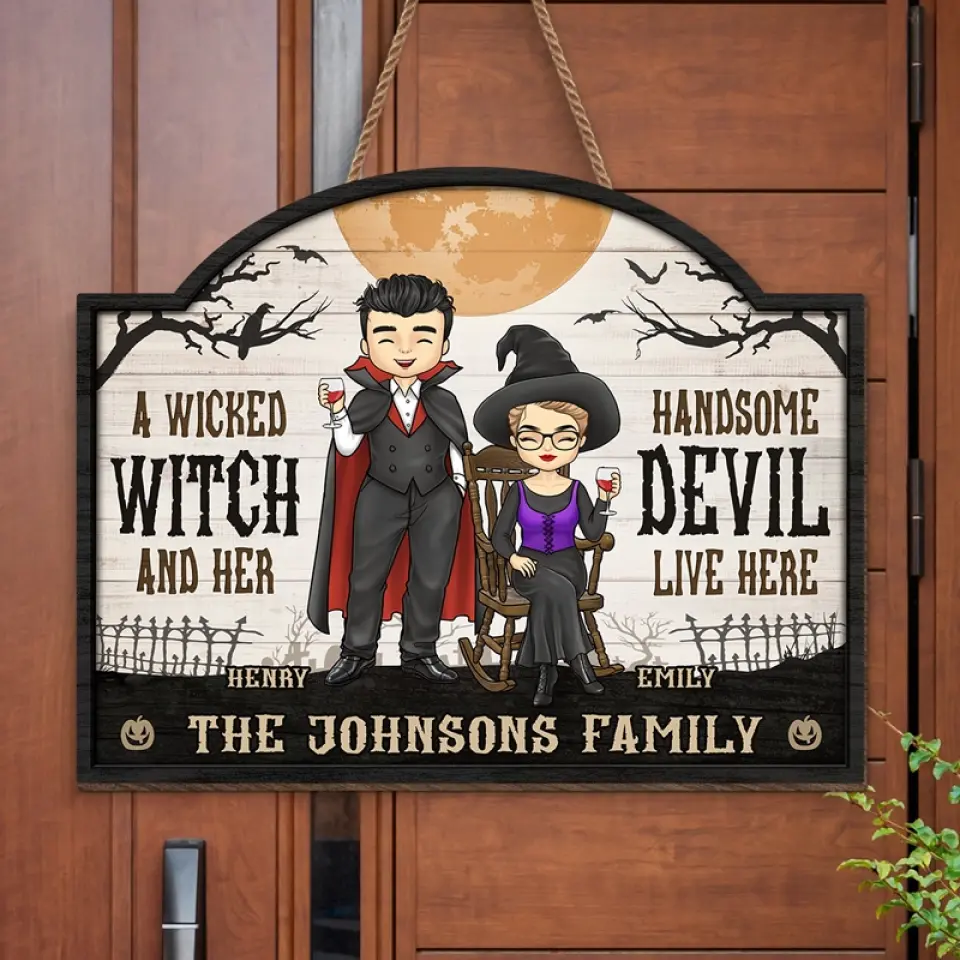 A Wicked Witch And Her Handsome Devil Live Here - Couple Personalized Custom Home Decor Wood Sign - Halloween Gift For Husband Wife, Anniversary - Image 3