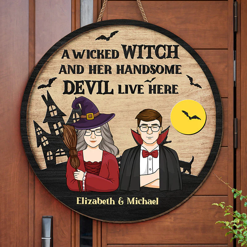 A Wicked Witch And Her Handsome Devil Live Here - Couple Personalized Custom Round Shaped Home Decor Witch Wood Sign - Halloween Gift For Witches, Husband Wife - Image 2