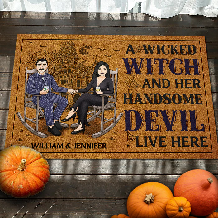 A Wicked Witch & Her Handsome Devil Live Here - Personalized Decorative Mat - Gift For Couple, Husband Wife, Halloween Gift - Image 3
