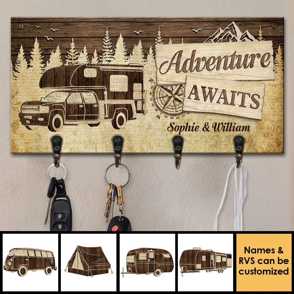 Adventure Awaits Us - Personalized Key Hanger, Key Holder - Gift For Camping Couples, Husband Wife - Image 3