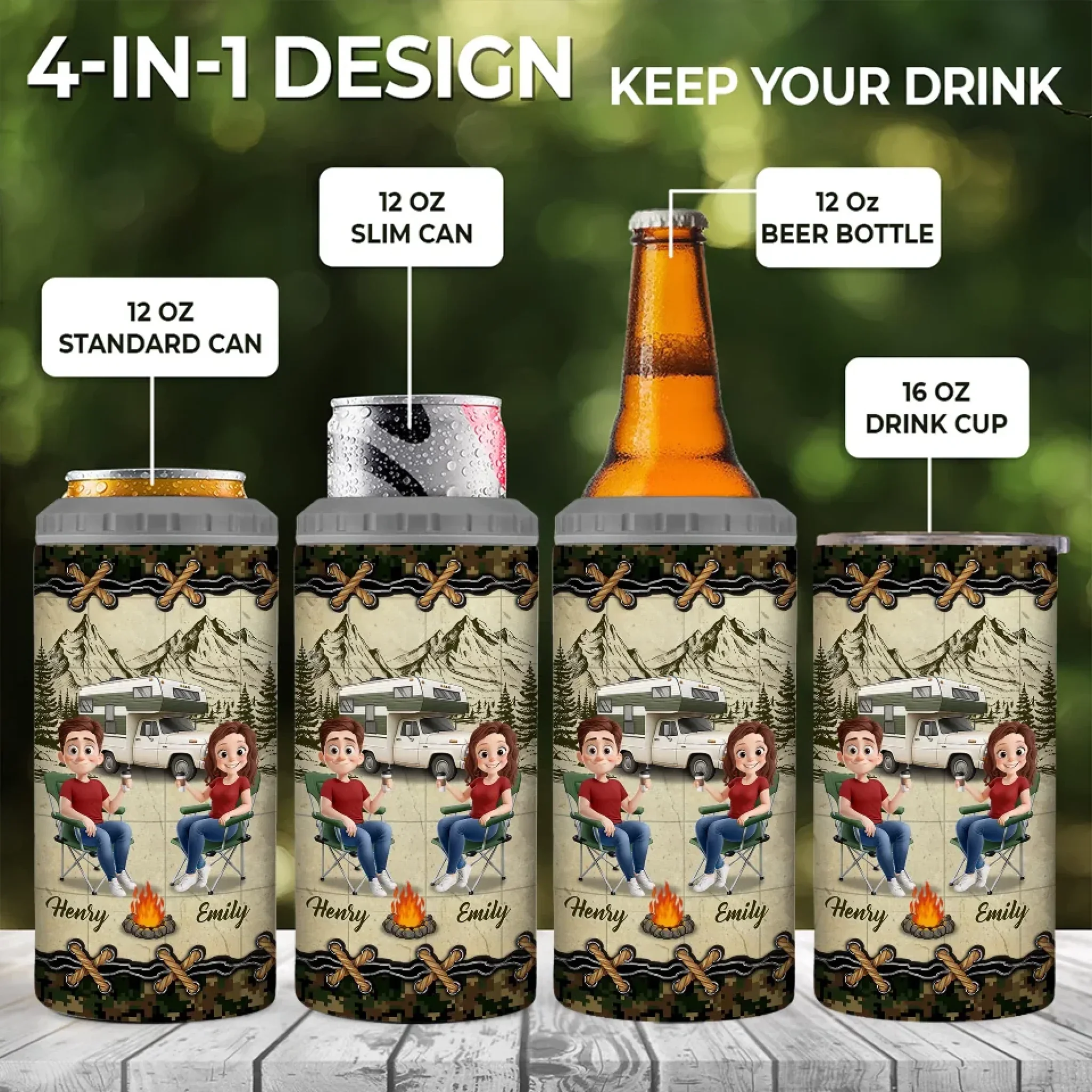 Adventure, Love, And A Campfire - Camping Personalized Custom 4 In 1 Can Cooler Tumbler - Gift For Couple, Husband Wife, Camping Lovers - Image 4