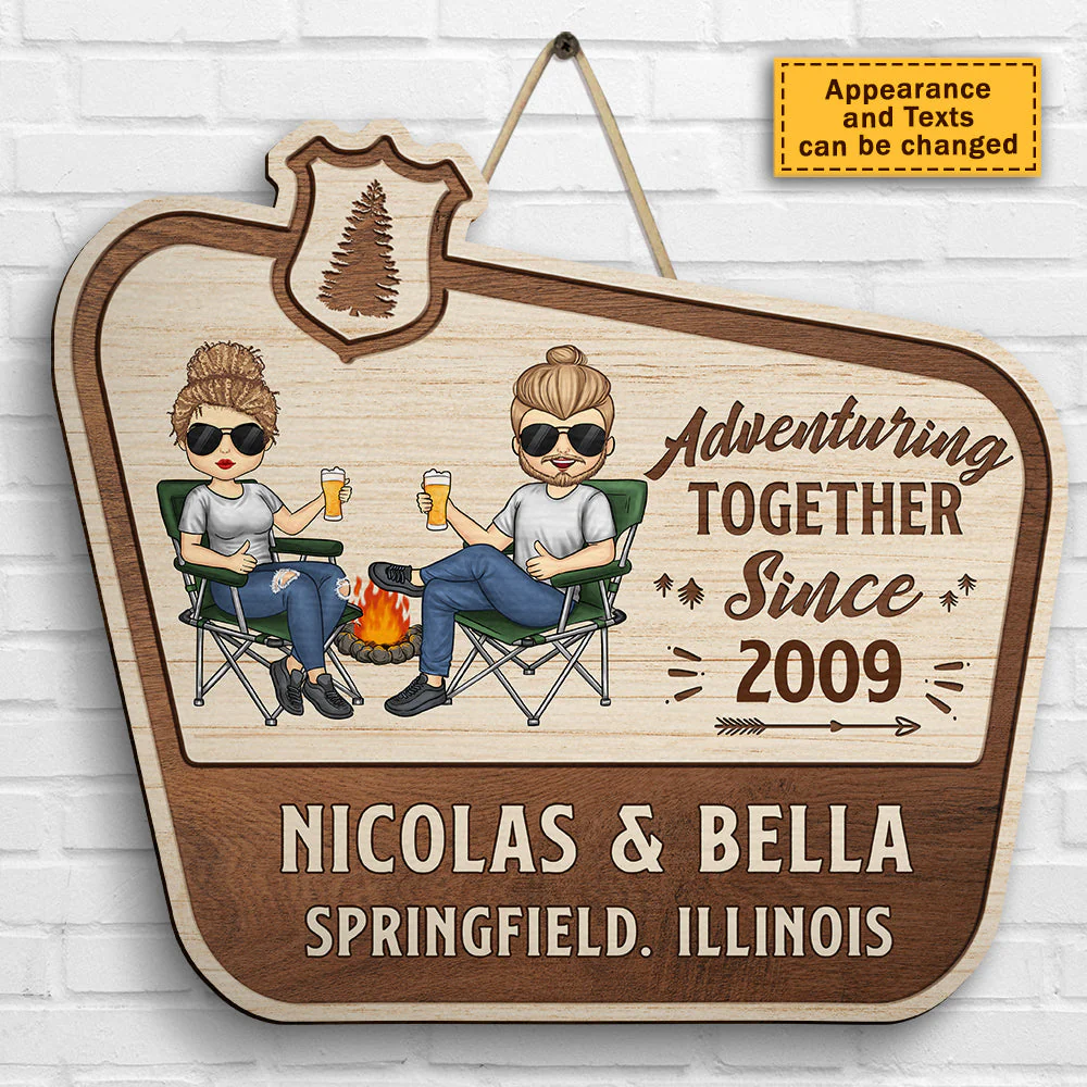 Adventuring Together Since - Gift For Couples, Husband Wife - Personalized Shaped Wood Sign - Image 3
