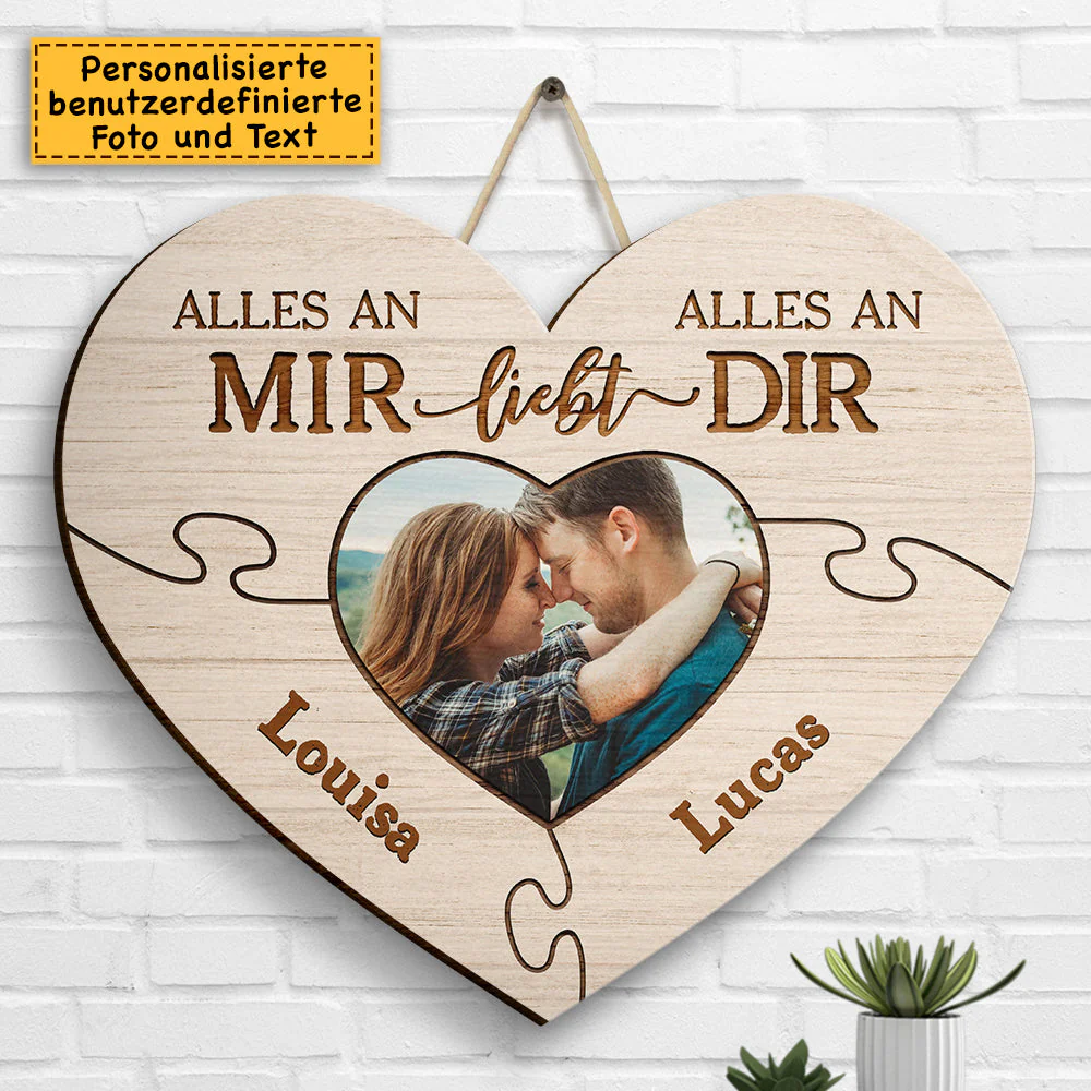 Alles An Mir Liebt Alles An Dir - Upload Image, Gift For Couples, Husband Wife - Personalized Shaped Wood Sign German - Image 3