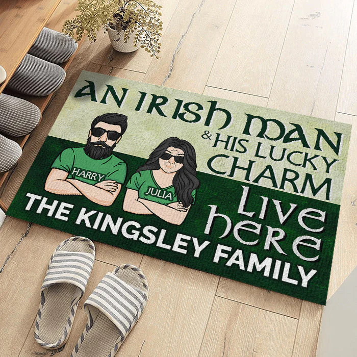An Irish Man & His Lucky Charm Live Here - Gift For Couples, Husband Wife, St. Patrick's Day - Personalized Decorative Mat - Image 3