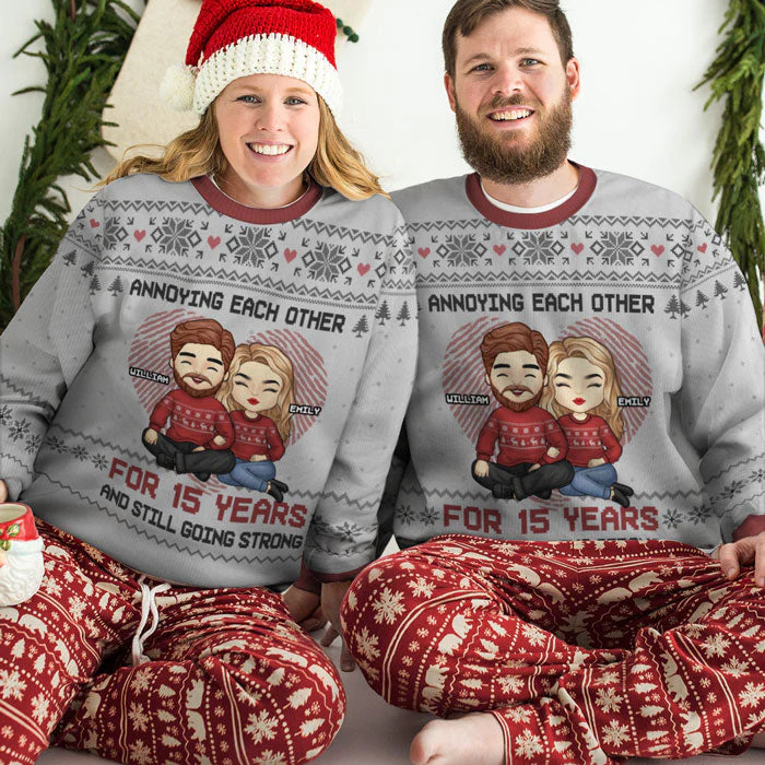 Annoying Couple For Years - Personalized Custom Unisex Ugly Christmas Sweatshirt, Wool Sweatshirt, All-Over-Print Sweatshirt - Gift For Couple, Husband Wife, Anniversary, Engagement, Wedding, Marriage Gift, Christmas Gift - Image 2