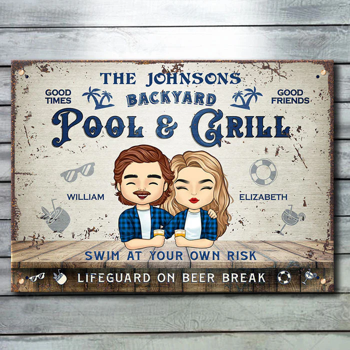 Backyard Pool & Grill - Swim At Your Own Risk, & Lifeguard On Beer Break - Gift For Couples, Husband Wife, Personalized Metal Sign - Image 2
