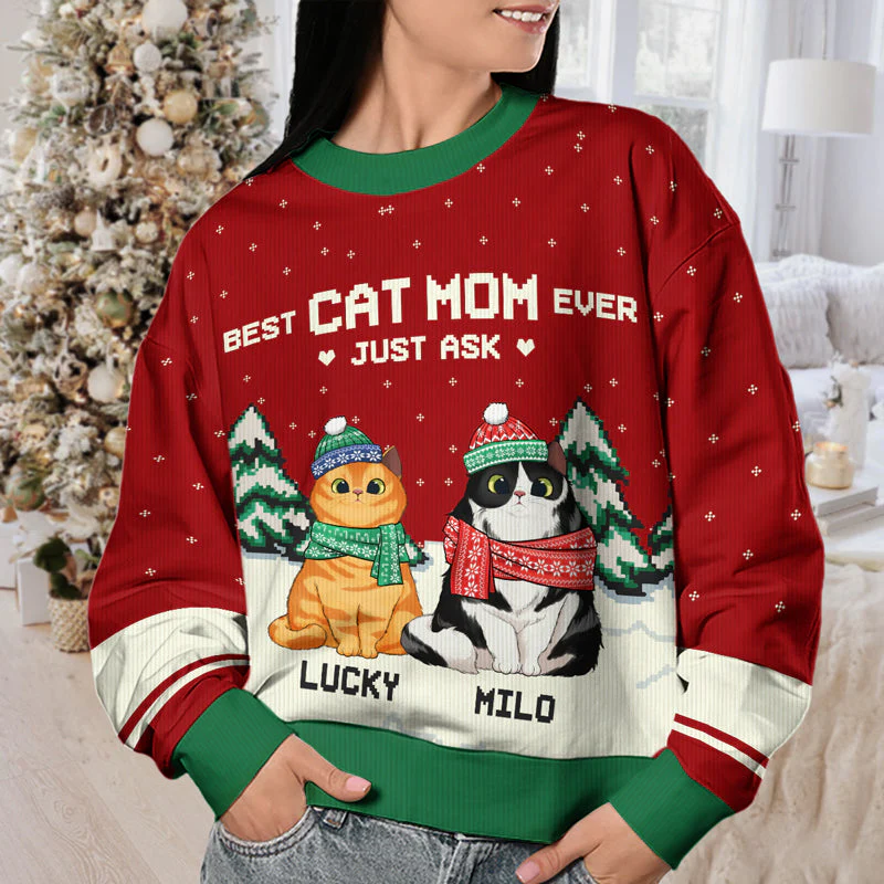 Best Cat Mom & Cat Dad Ever - Personalized Custom Unisex Ugly Christmas Sweatshirt, Wool Sweatshirt, All-Over-Print Sweatshirt - Gift For Cat Lovers, Pet Lovers, Christmas Gift - Image 4