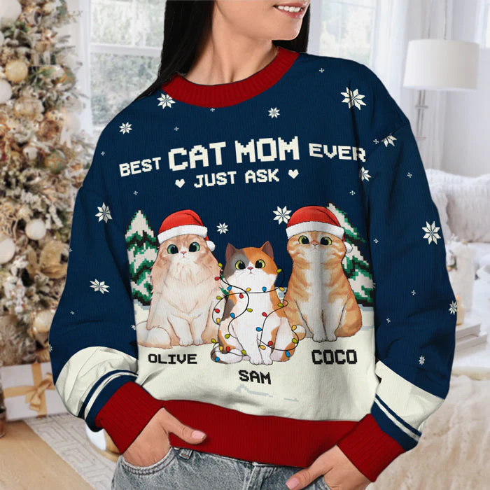 Best Cat Parents Ever - Personalized Custom Unisex Ugly Christmas Sweatshirt, Wool Sweatshirt, All-Over-Print Sweatshirt - Gift For Cat Lovers, Pet Lovers, Christmas Gift - Image 4