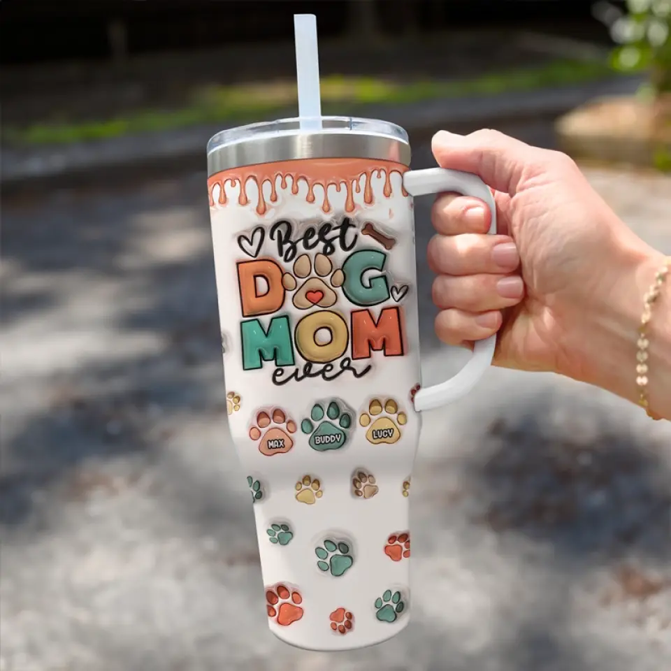 Best Dog Mom Ever AMZ - Dog & Cat Personalized Custom 3D Inflated Effect Printed 40 Oz Stainless Steel Tumbler With Handle - New Arrival, Gift For Pet Owners, Pet Lovers - Image 3