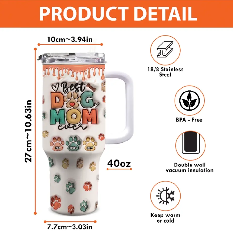 Best Dog Mom Ever AMZ - Dog & Cat Personalized Custom 3D Inflated Effect Printed 40 Oz Stainless Steel Tumbler With Handle - New Arrival, Gift For Pet Owners, Pet Lovers - Image 4