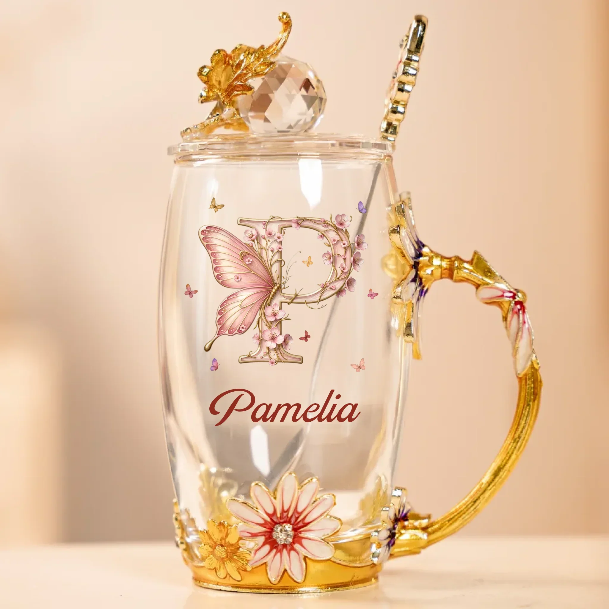 Bloom With Grace - Family Personalized Custom Enamel Flower Tea Cup With Lid & Spoon - Gift For Yourself, Best Friends, Siblings, Family Members - Image 2