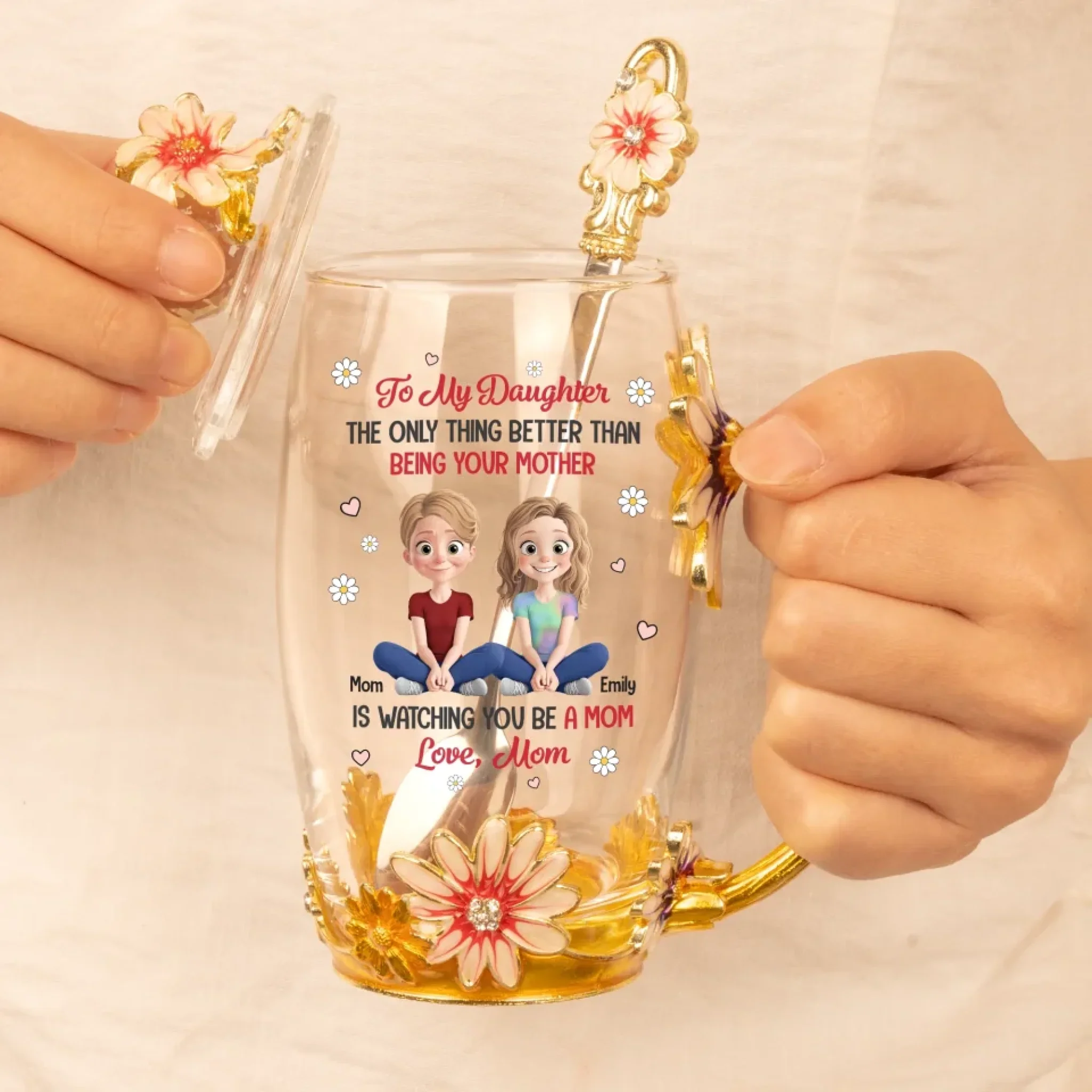 Bond That Grows Stronger - Family Personalized Custom Enamel Flower Tea Cup With Lid & Spoon - Mother's Day, Gift For Mom, Daughter - Image 5