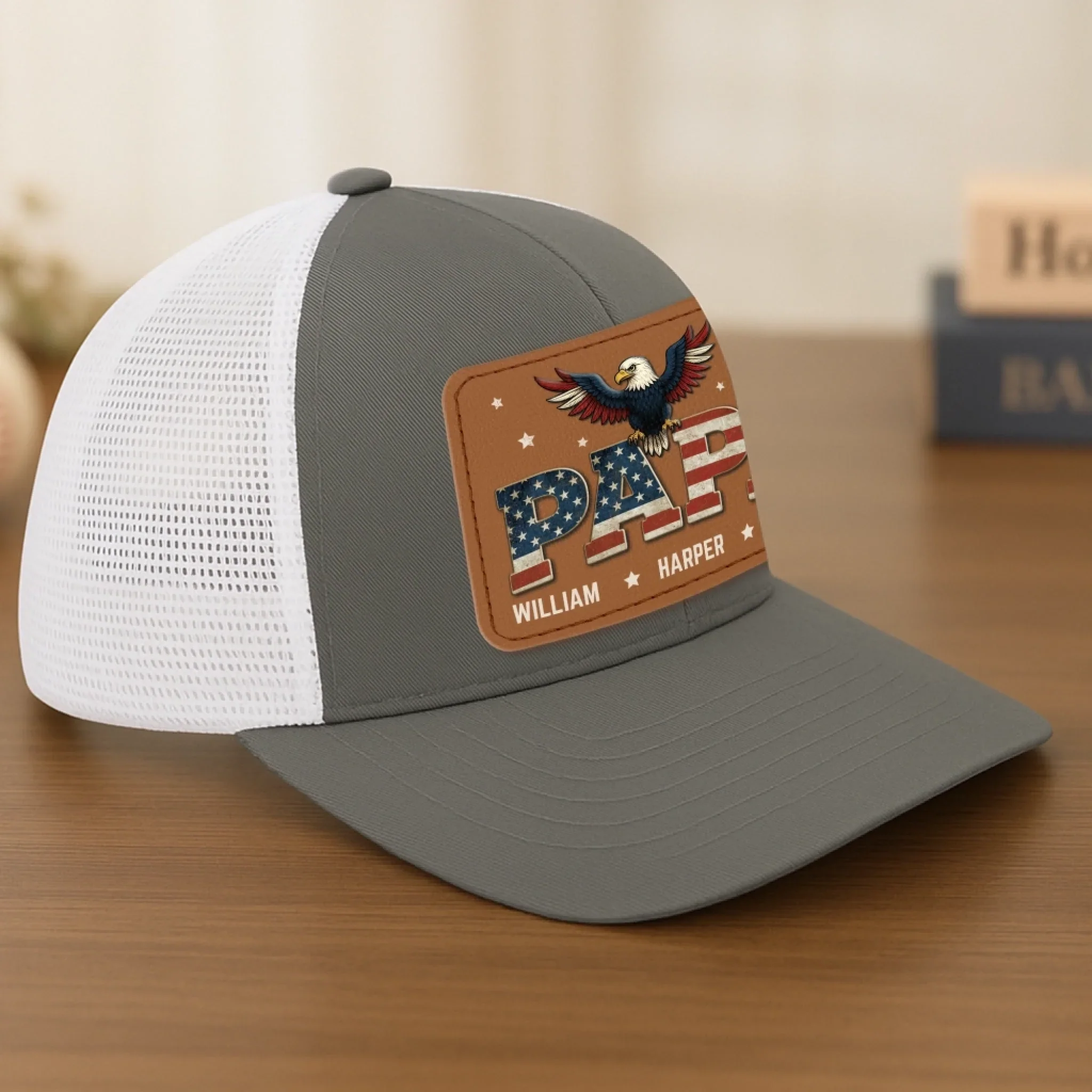 Built Like A Rock, Loves Like A Patriot - Family Personalized Custom Leather Patch Mesh Cap - 4th Of July, Gift For Dad, Grandpa - Image 5