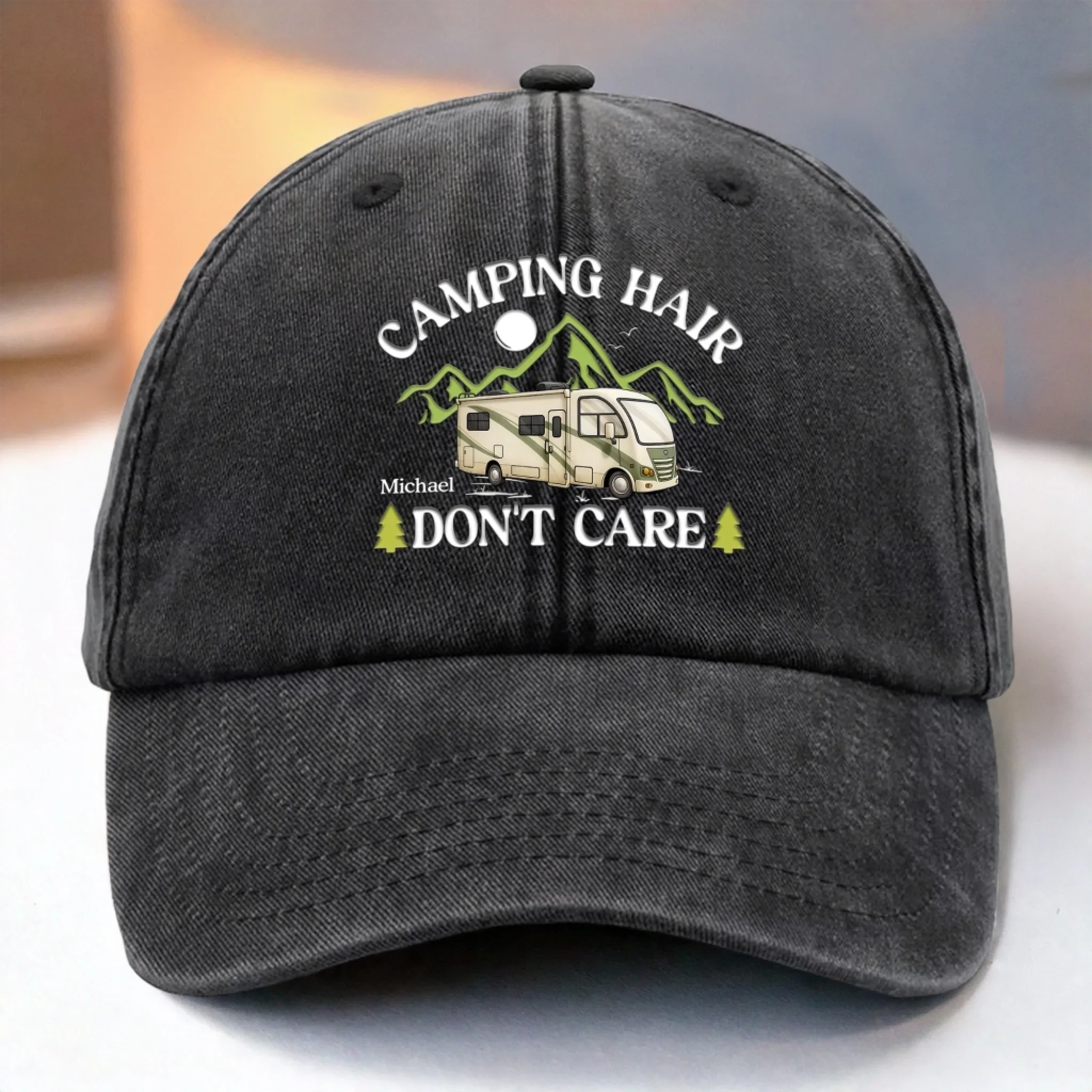 Camping Is My Therapy - Camping Personalized Custom Vintage Washed Denim Baseball Cap - Gift For Camping Lovers