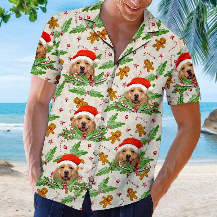 Candy Cane & Gingerbread Pattern - Dog & Cat Personalized Custom Unisex Hawaiian Shirt - Upload Image, Dog Face, Cat Face - Summer Vacation Gift, Gift For Pet Owners, Pet Lovers - Image 2