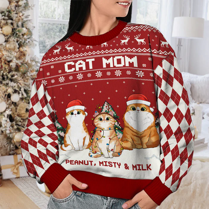 Cat Dad & Cat Mom - Personalized Custom Unisex Ugly Christmas Sweatshirt, Wool Sweatshirt, All-Over-Print Sweatshirt - Gift For Cat Lovers, Pet Lovers, Christmas Gift - Image 4