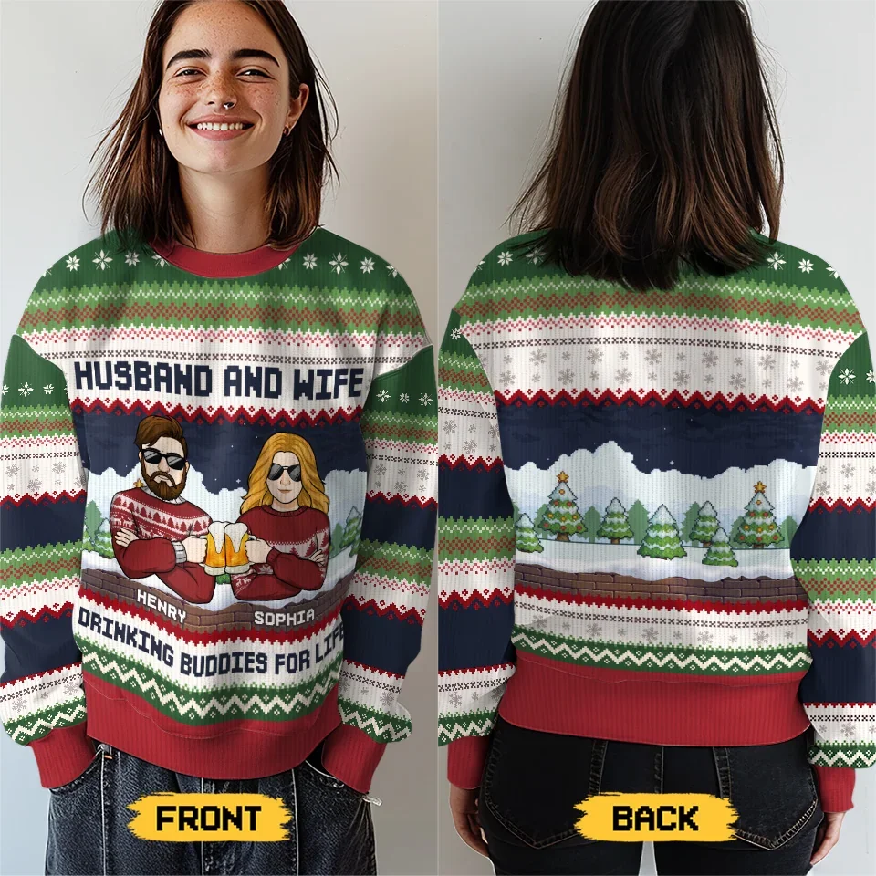 Cheers To Us And A Season Full Of Happiness - Couple Personalized Custom Ugly Sweatshirt - Unisex Wool Jumper - Christmas Gift For Husband Wife, Anniversary - Image 4