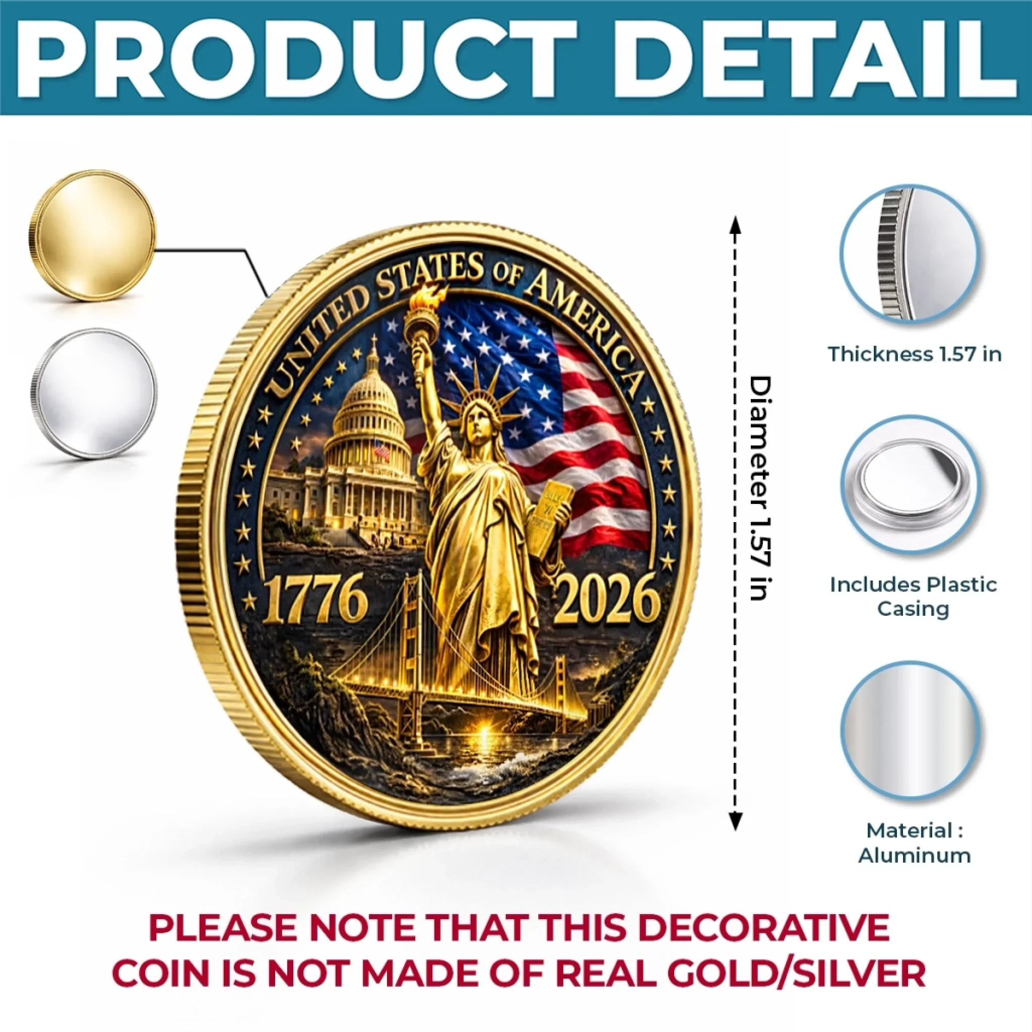 Commemorative Keepsake Coin - America 250th Anniversary Gifts For Women, Men - United In Courage And Glory - Image 6