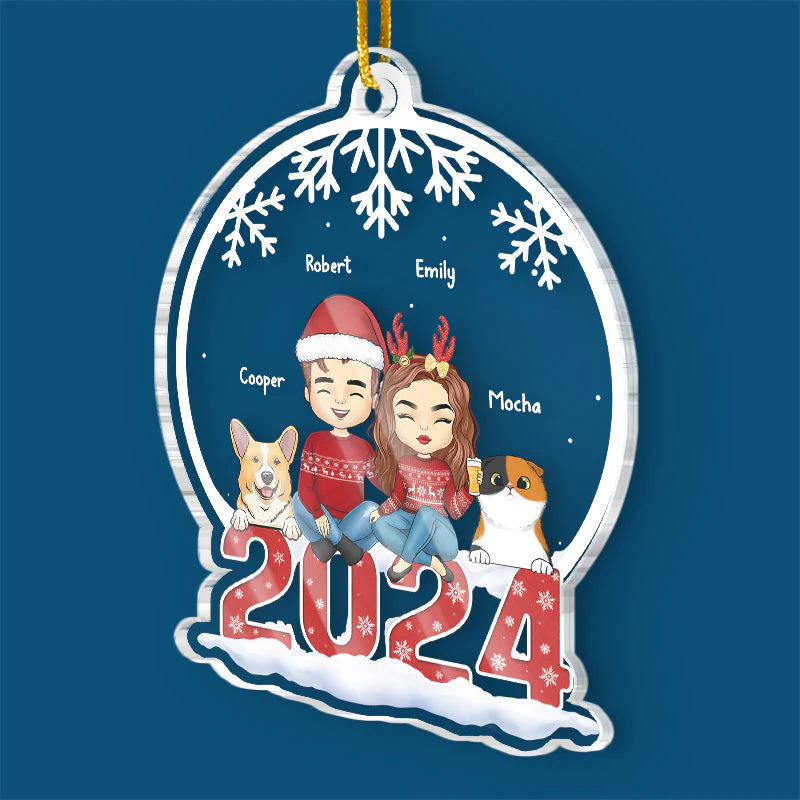 Couple & Pets Merry Christmas - Dog & Cat Personalized Custom Ornament - Acrylic Snow Globe Shaped - Christmas Gift For Pet Owners, Pet Lovers - Image 2