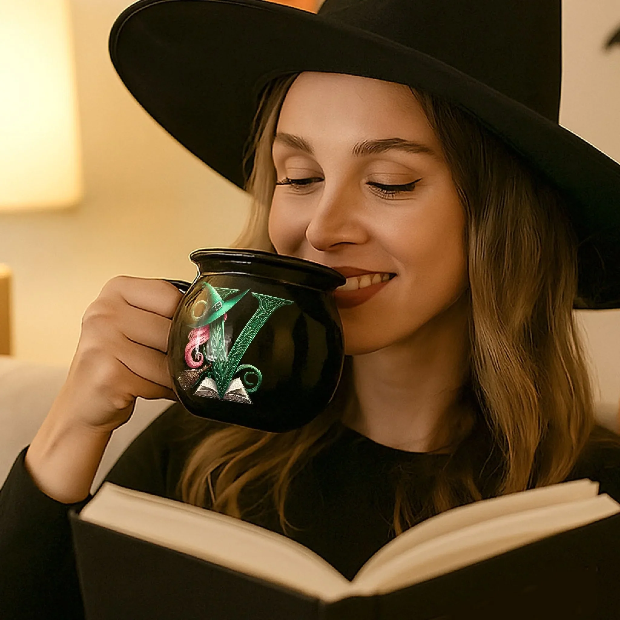 Custom 12oz Ceramic Cauldron Coffee Mug - Personalized Halloween Witchy Gifts For Besties, Sisters, BFF, Family, Yourself - Just A Witch, Sipping On Trouble - Image 3