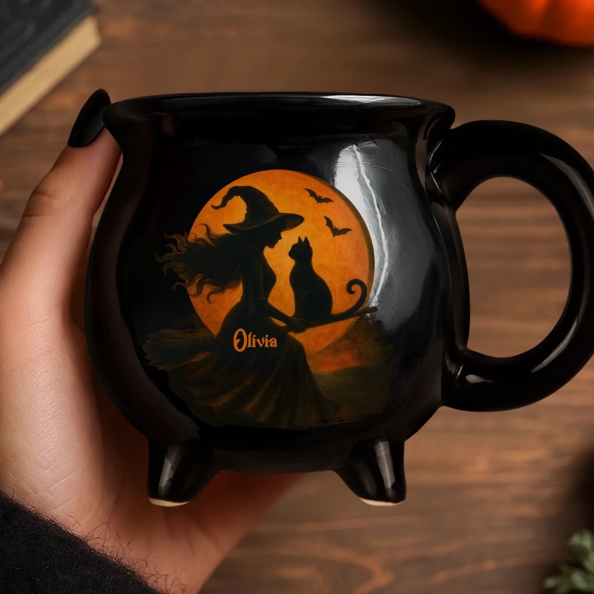 Custom 12oz Ceramic Cauldron Coffee Mug - Personalized Halloween Witchy Gifts For Besties, Sisters, BFF, Family, Yourself - Purrfectly Wicked - Image 8