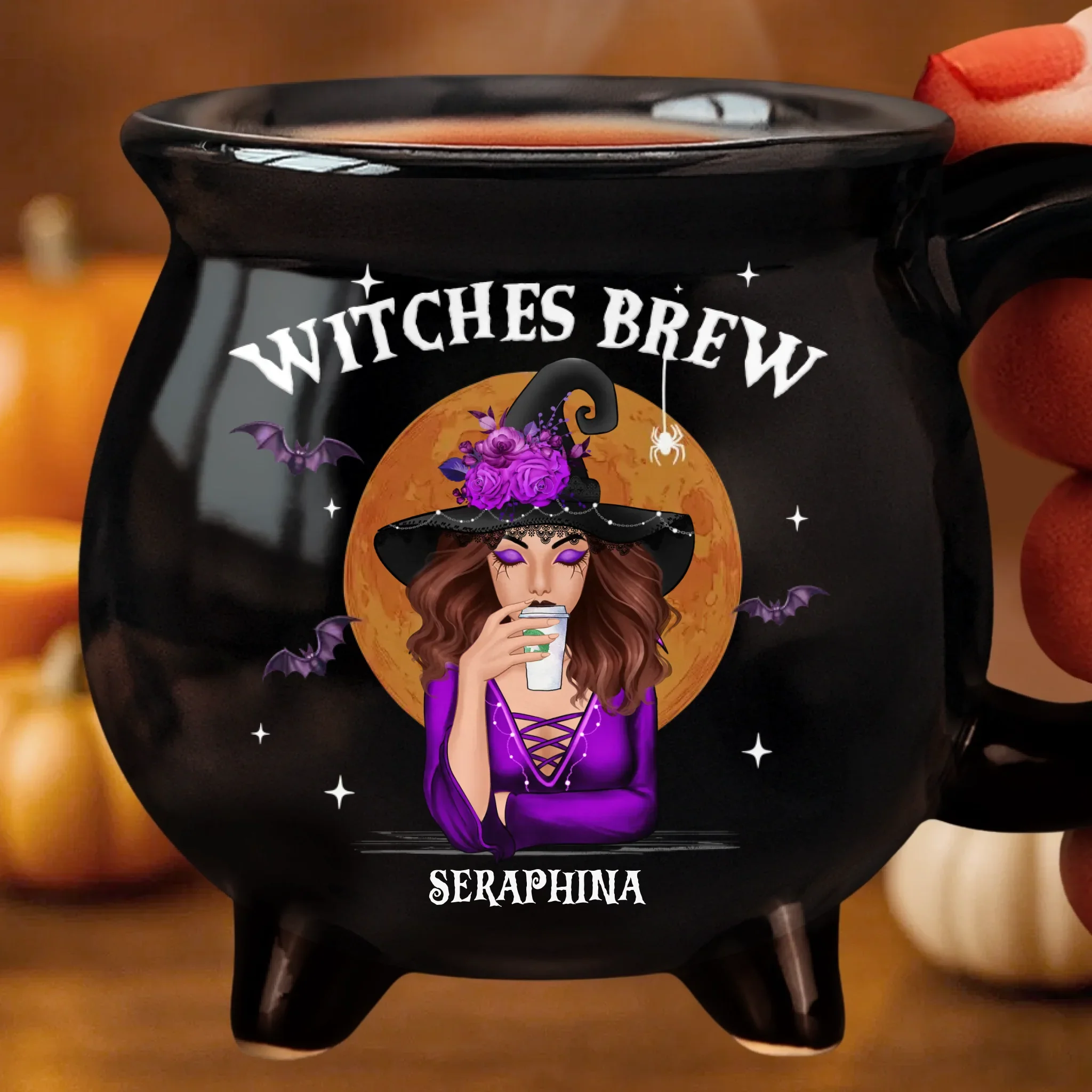 Custom 12oz Ceramic Cauldron Coffee Mug - Personalized Halloween Witchy Gifts For Besties, Sisters, BFF, Family, Yourself - She Drinks Like A Queen, But Hexes Like A Goddess - Image 3