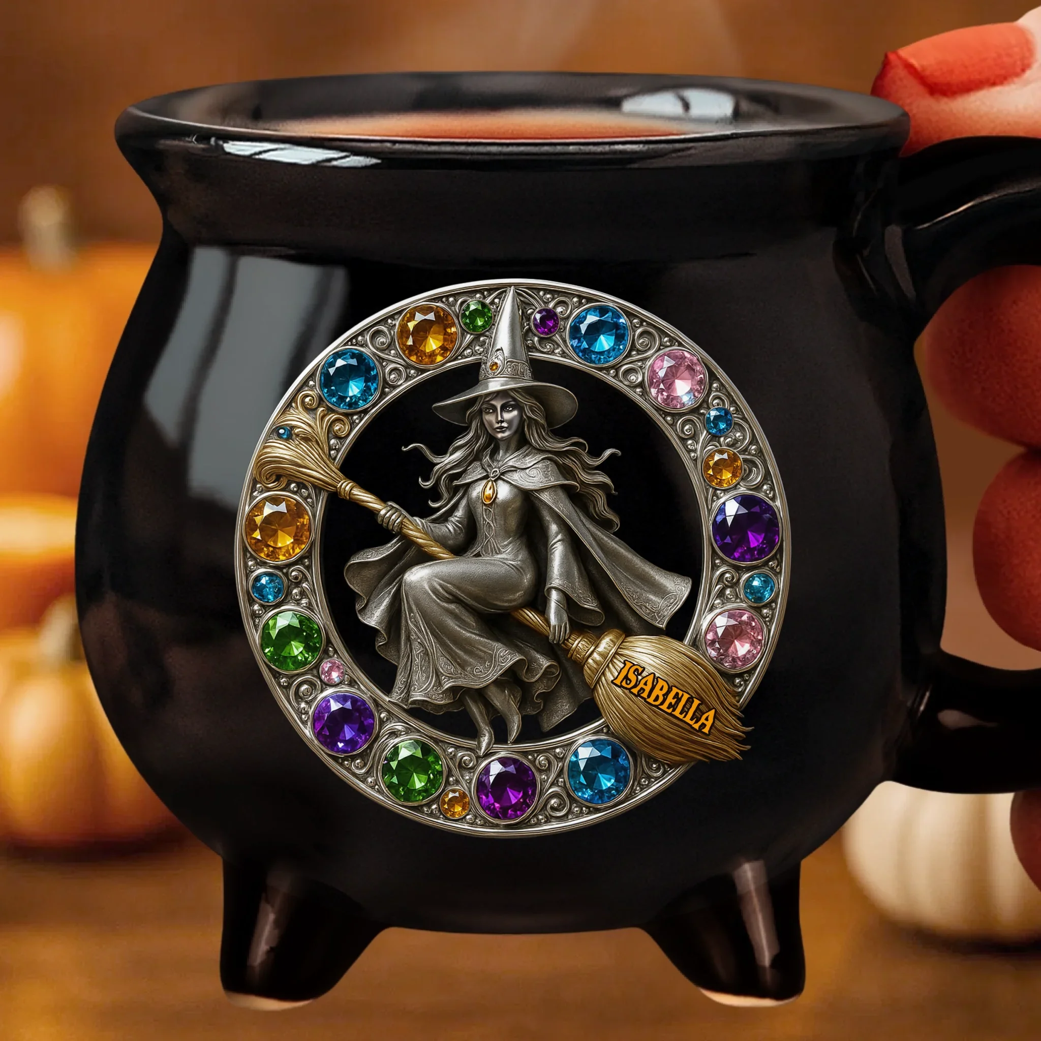 Custom 12oz Ceramic Cauldron Coffee Mug - Personalized Halloween Witchy Gifts For Besties, Sisters, BFF, Family, Yourself - The Bejeweled Witch - Image 2
