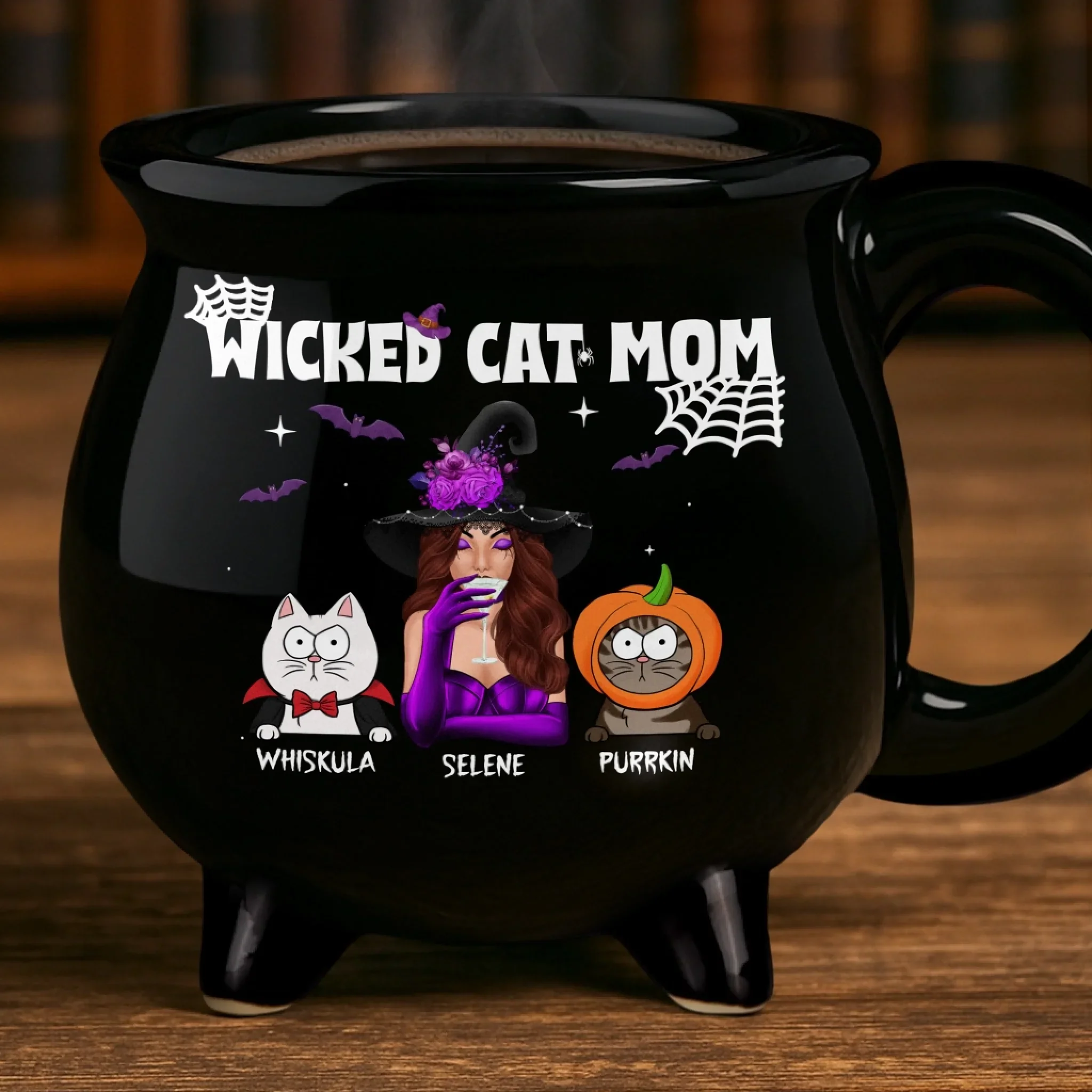 Custom 12oz Ceramic Cauldron Coffee Mug - Personalized Halloween Witchy Gifts For Cat Lovers, Cat Mom And Dad - Spooky Cat Mom - Image 4