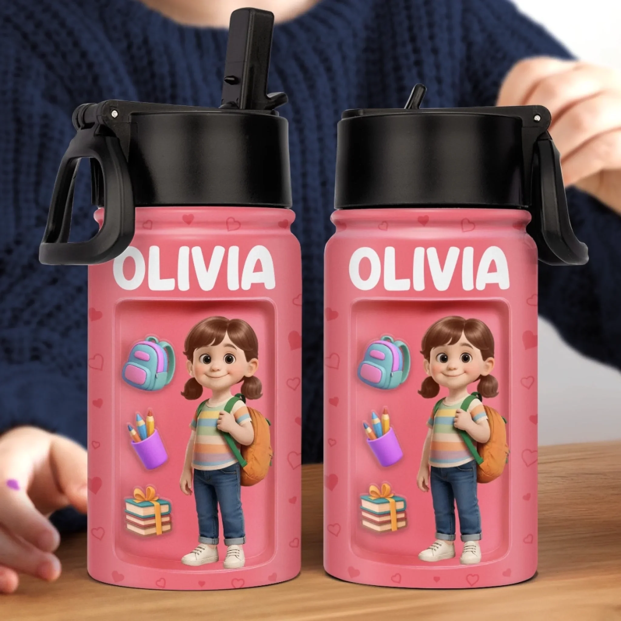 Custom 3D Inflated Effect Printed Kids Water Bottle - Personalized Back To School Gifts For Kids - Backpack Adventures Start With A Sip - Image 3