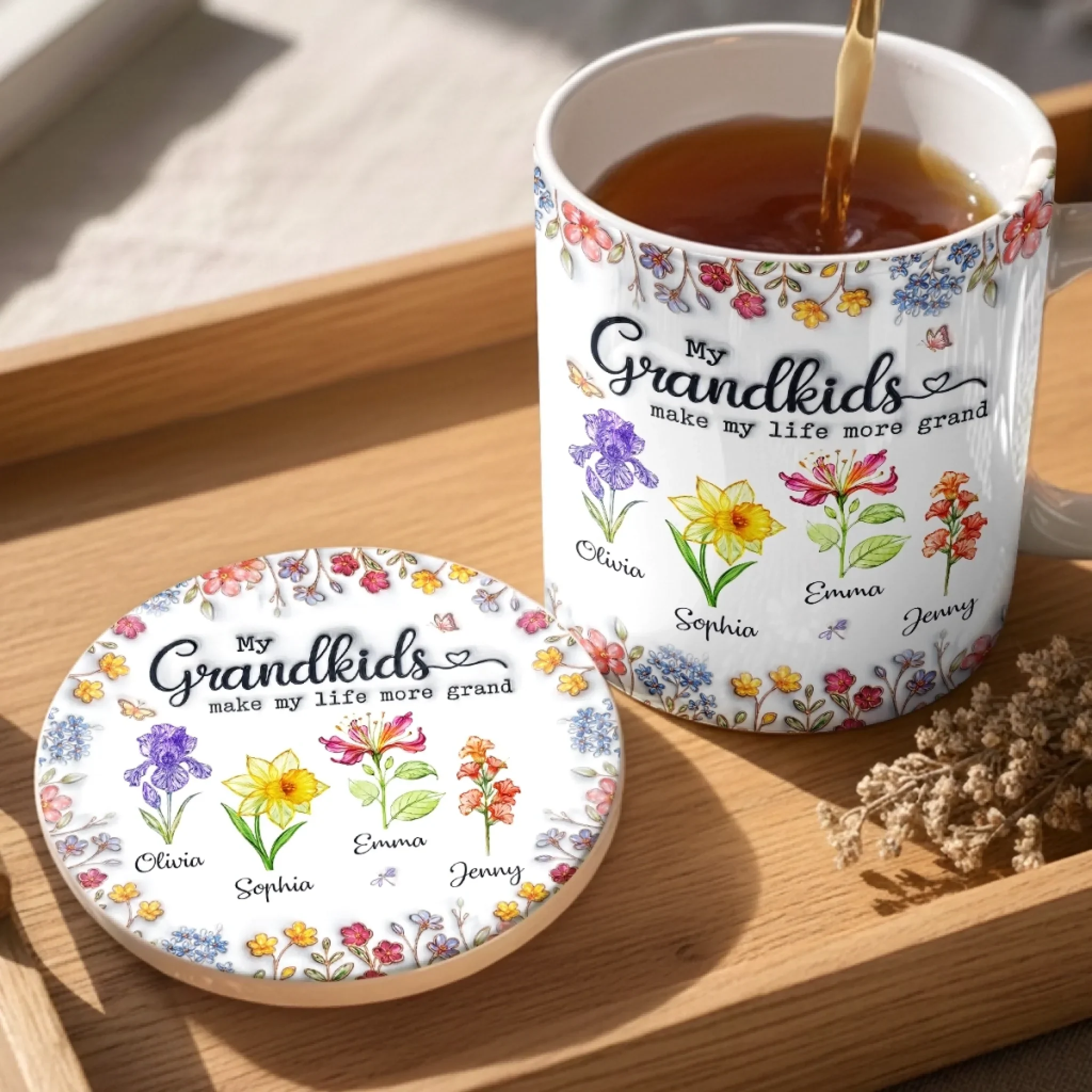 Custom 3D Inflated Effect Printed Mug And Coaster Set - Personalized Mother's Day Birthday Gifts For Mom, Grandma - Grandkids Make Life Bloom - Image 3