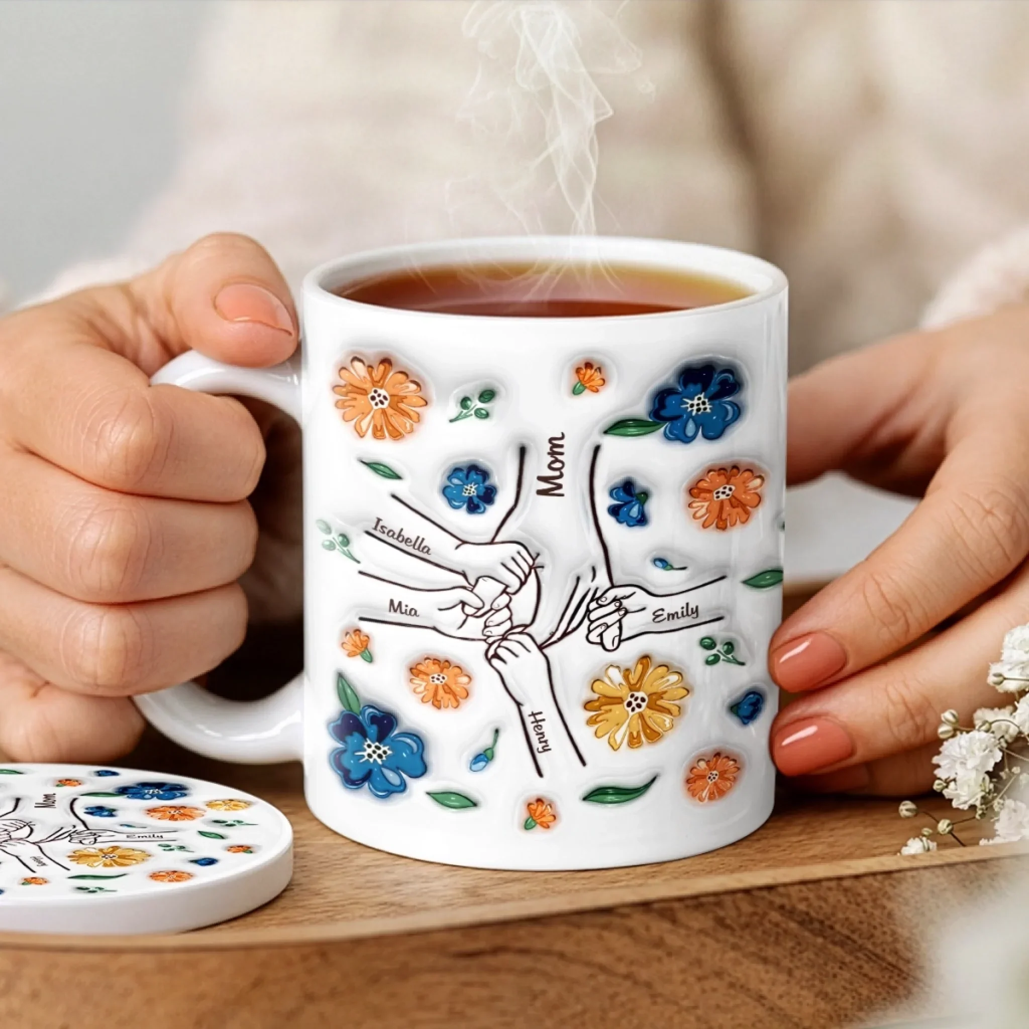 Custom 3D Inflated Effect Printed Mug And Coaster Set - Personalized Mother's Day Birthday Gifts For Mom, Grandma - Her Love, Forever In Our Hands - Image 5
