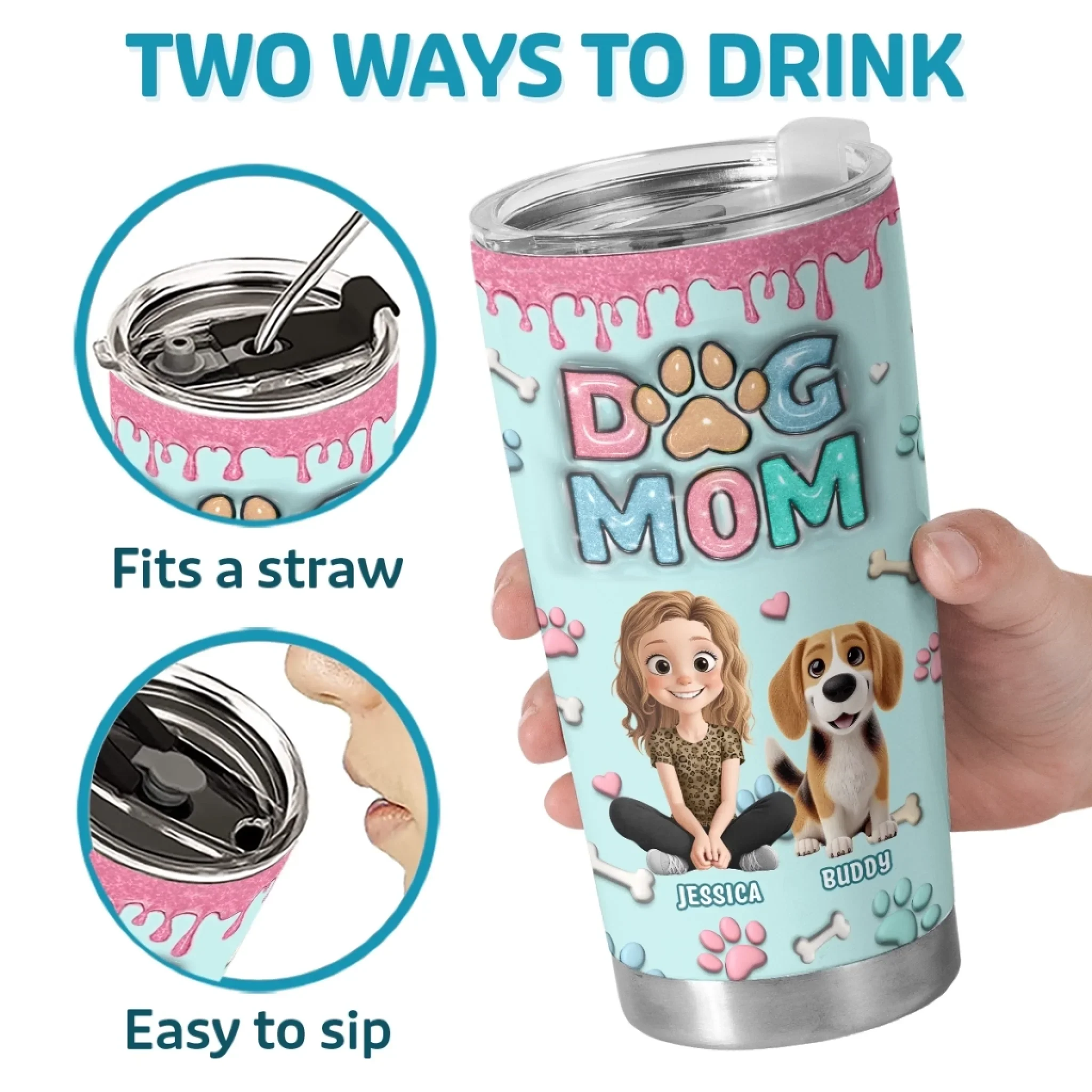 Custom 3D Inflated Effect Printed Tumbler - Personalized Birthday Gifts For Dog Lovers, Dog Dad And Mom - Messy Hair, Furry Hugs - Image 4