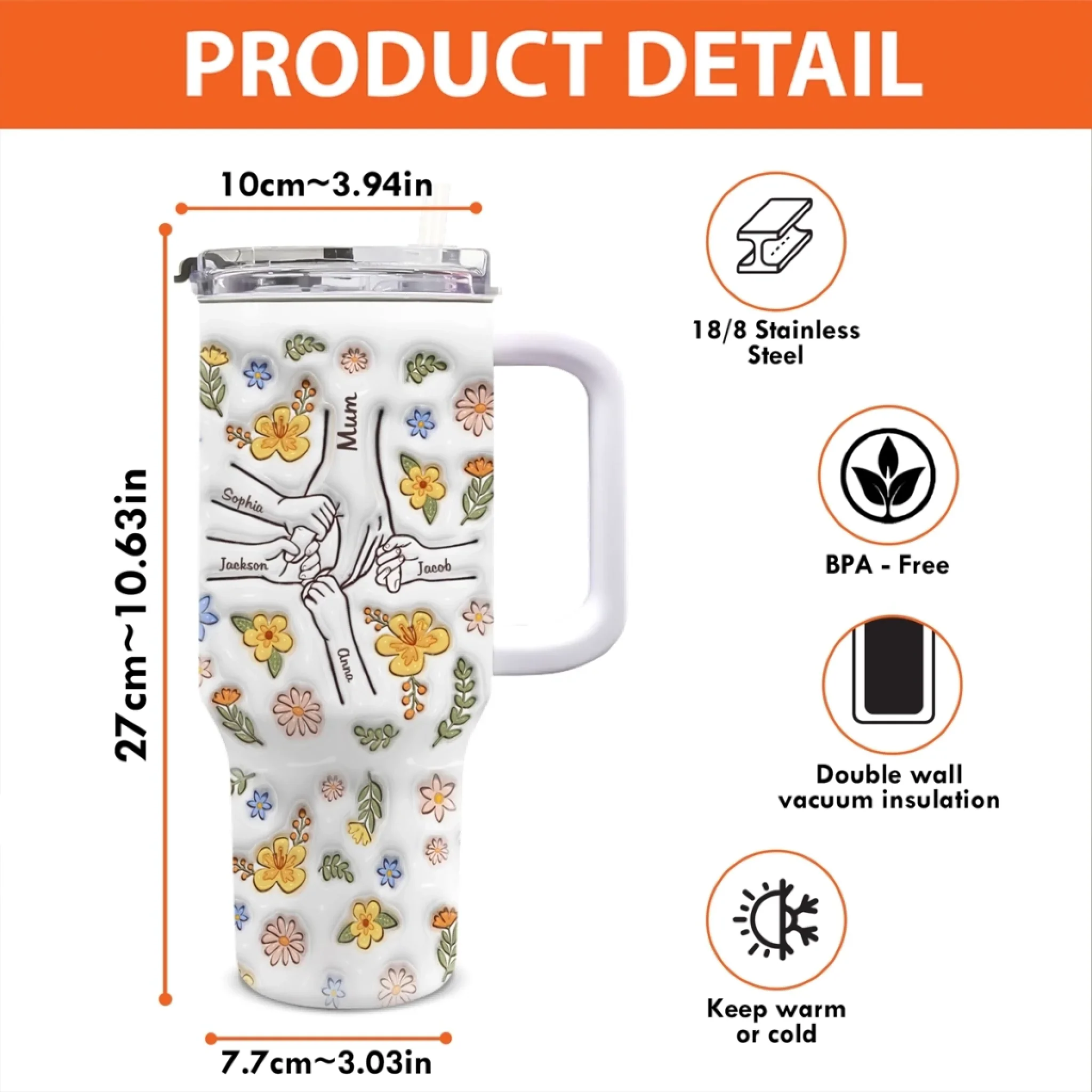 Custom 40 Oz Stainless Steel Tumbler With Handle - Personalized Mother's Day Gifts For Mum, Grandma - Loved Beyond Measure - Image 4