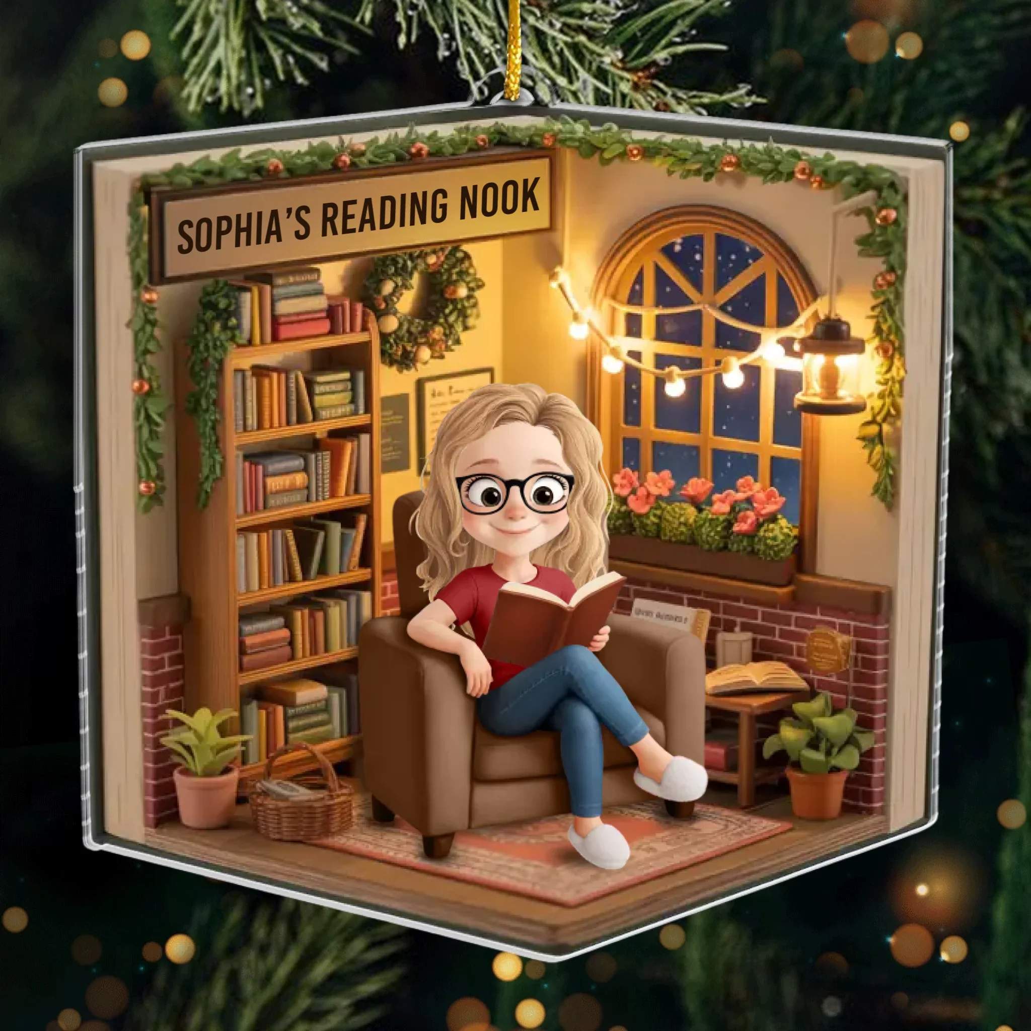 Custom Acrylic Ornament - Personalized Christmas Bookish Gifts For Book Lovers, Bookworms, Readers - This Nook Is My Happy Chapter - Image 2